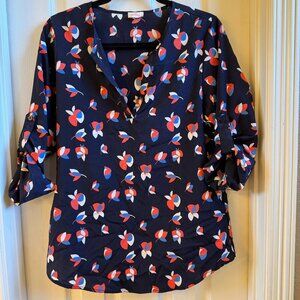 Pixley Women M, v neck, navy patterned top
